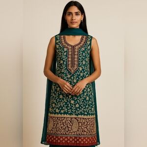 Elegant Teal Green & Gold Embroidered Pakistani / Indian 3-piece Dress, NEW